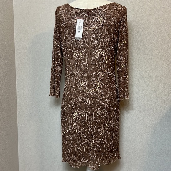 Pisarro Nights Embroidered Cocktail Sheath Dress in Tan - Picture 6 of 9